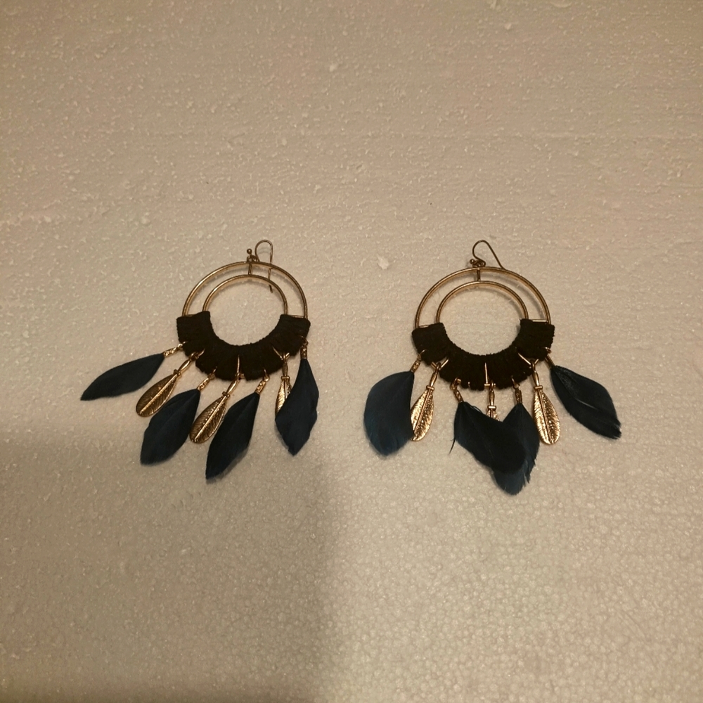 Navy blue and gold feathered earrings